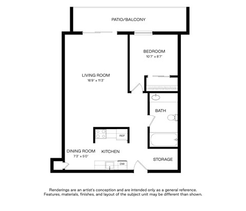 Floor plan for 1 bed, 1 bath, 492 sqft